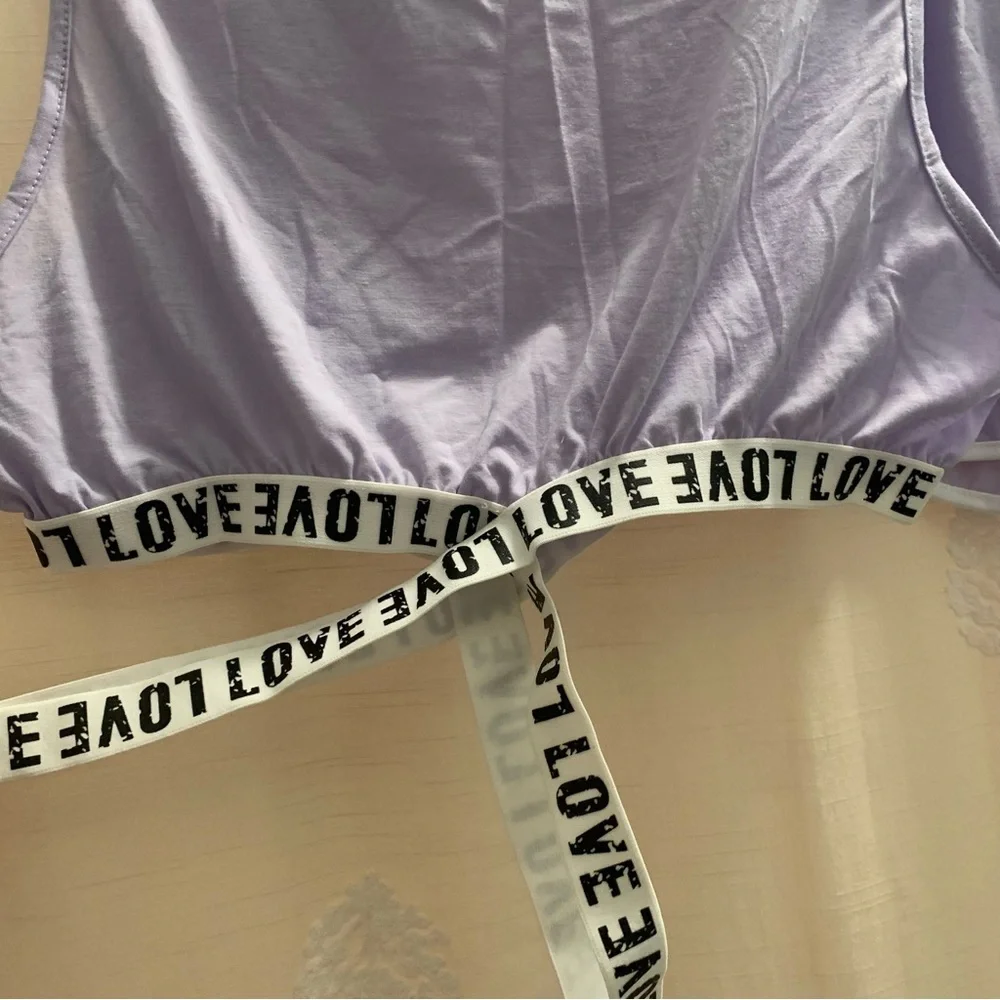 Lavender Contrast Binding Letter Tape Crop Top & Dolphin Shorts Lounge Set NWOT